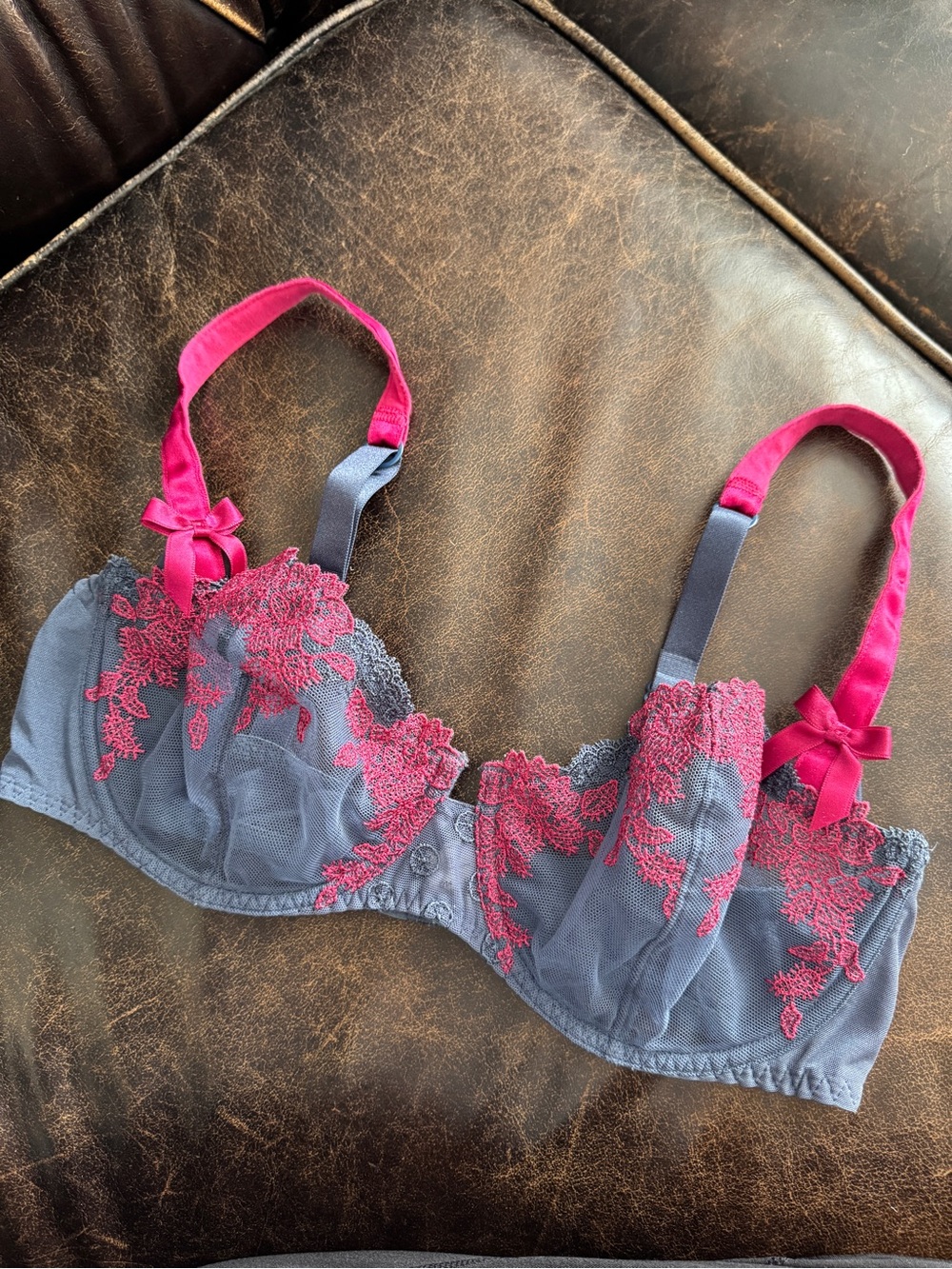 Aubade Demi Cut Balconette Bra French Slate Blue Magenta Pink Floral Embroidery